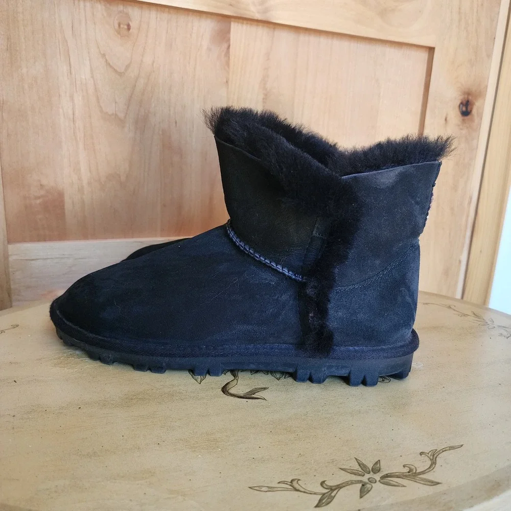 Unbranded Y2K US 9 Black‎ Leather Shearling Wool Lining Ankle Boots Cozy Warm